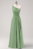 Dark Green One Shoulder A-Line Ruched Long Bridesmaid Dress