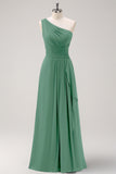 Dark Green One Shoulder A-Line Ruched Long Bridesmaid Dress