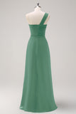 Dark Green One Shoulder A-Line Ruched Long Bridesmaid Dress