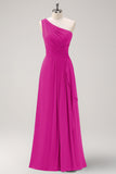 Dark Green One Shoulder A-Line Ruched Long Bridesmaid Dress