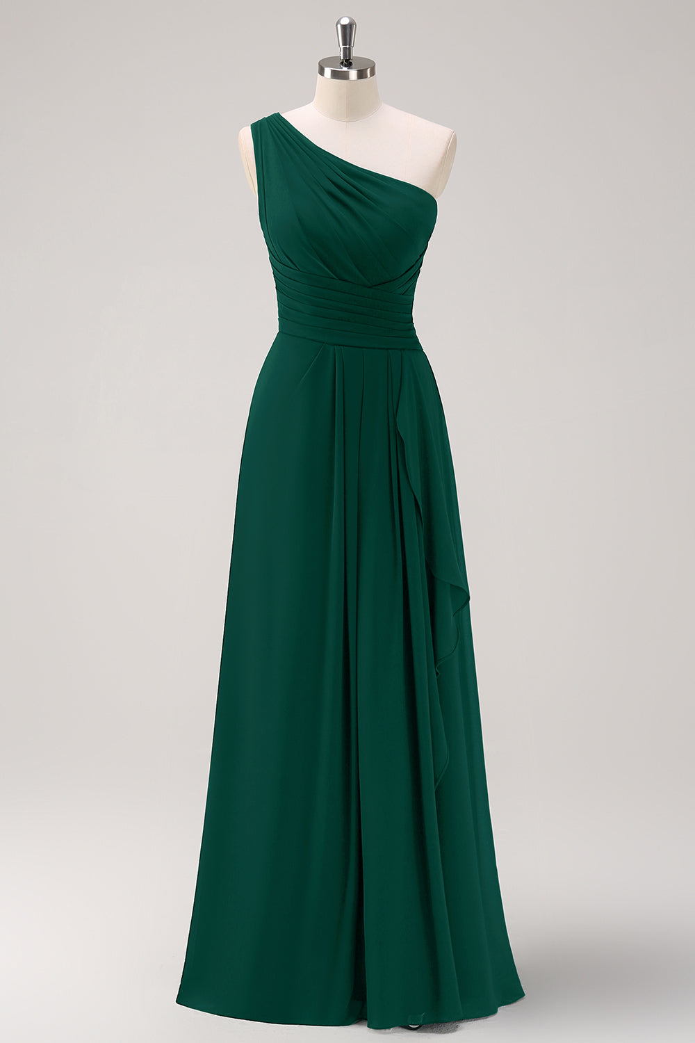 Dark Green One Shoulder A-Line Ruched Long Bridesmaid Dress