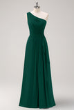 Dark Green One Shoulder A-Line Ruched Long Bridesmaid Dress