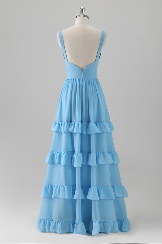 Blue Ruffled A-Line Long Bridesmaid Dress