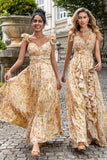 Yellow Flower A Line V Neck Print Pleated Wedding Party Guest Dress with Slit