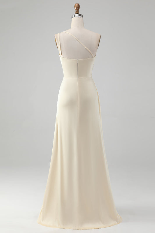 Champagne One Shoulder Sheath Long Bridesmaid Dress With Slit