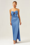 Blue Mermaid Bowknot Spaghetti Straps Bridesmaid Dress with Slit