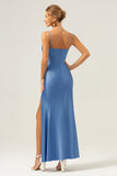 Blue Mermaid Bowknot Spaghetti Straps Bridesmaid Dress with Slit