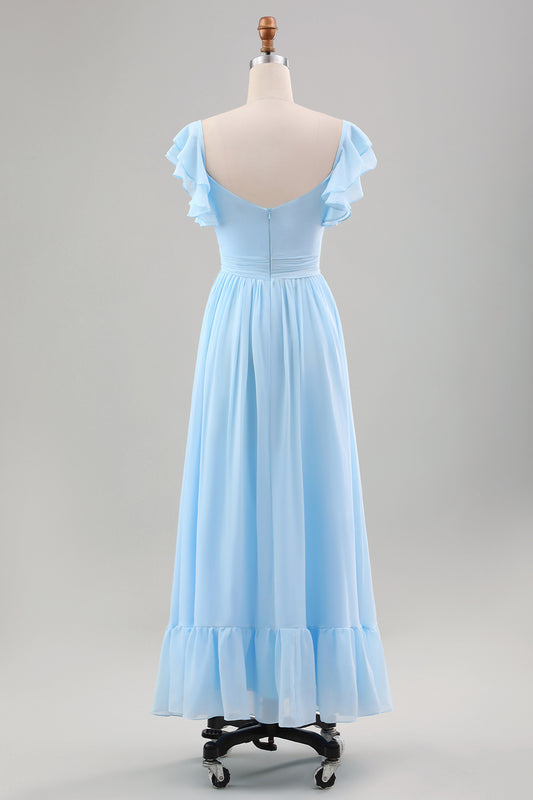 Sky Blue A Line Chiffon Wedding Guest Dress with Ruffle Sleeves