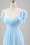 Sky Blue A Line Chiffon Wedding Guest Dress with Ruffle Sleeves