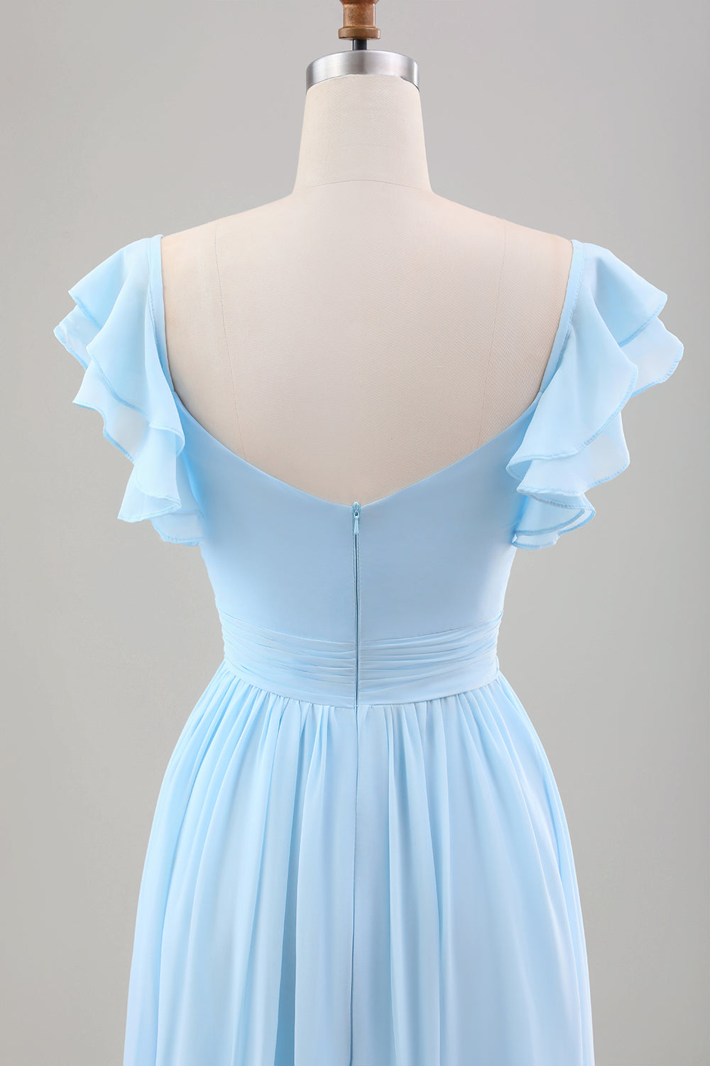 Sky Blue A Line Chiffon Wedding Guest Dress with Ruffle Sleeves