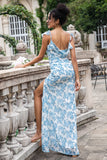 White Blue Flower Mermaid Print Maxi Wedding Party Guest Dress with Slit