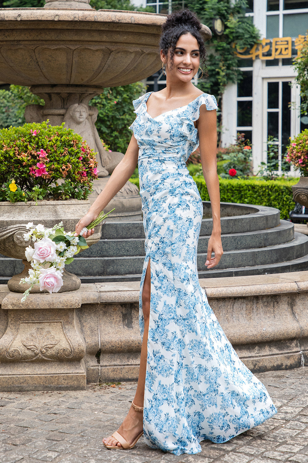 White Blue Flower Mermaid Print Maxi Wedding Party Guest Dress with Slit