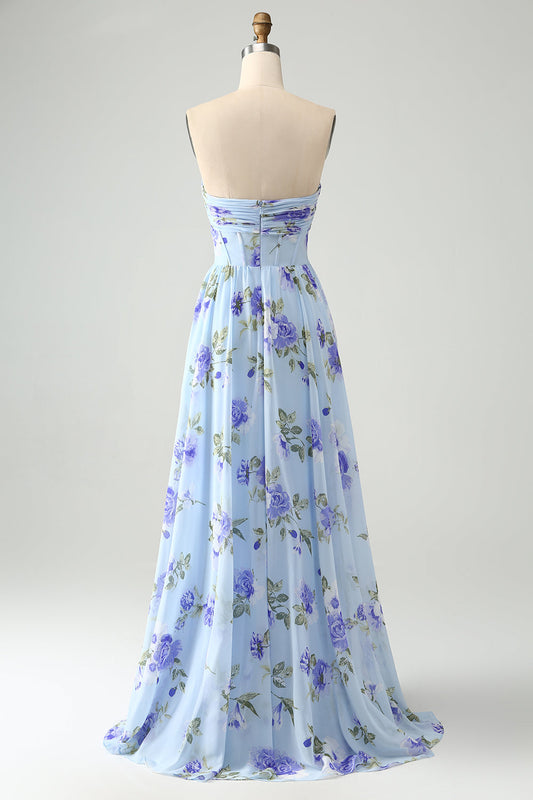 Blue Floral A Line Sweetheart Strapless Pleated Long Wedding Guest Dress