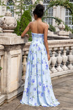 Blue Floral A Line Sweetheart Strapless Print Pleated Long Wedding Guest Dress