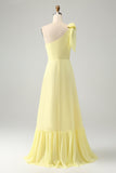 Yellow A Line One Shoulder Long Wedding Party Guest Dress with Slit