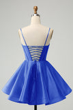 Cute Glitter Blue A Line Spaghetti Straps Corset Homecoming Dress with Beading