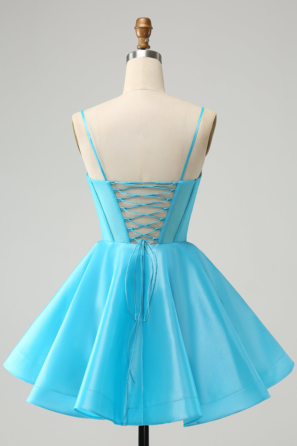 Cute Glitter Blue A Line Spaghetti Straps Corset Homecoming Dress with Beading