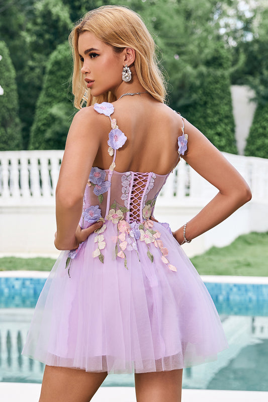 Purple A Line Halter Flowers Short Tulle Homecoming Dress