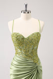 Sparkly Army Green Lace-Up Back Appliques Pleated Homecoming Dress