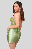 Sparkly Army Green Lace-Up Back Appliques Pleated Homecoming Dress