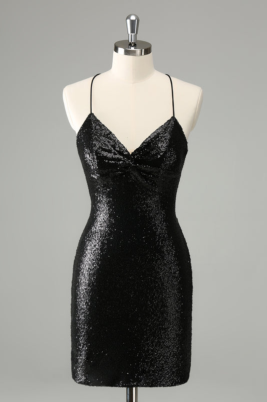 Stylish Glitter Black Sequins Tight Halter Homecoming Dress with Lace Up Back