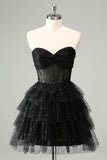 Sparkly Black Strapless Tiered Corset Short Homecoming Dress