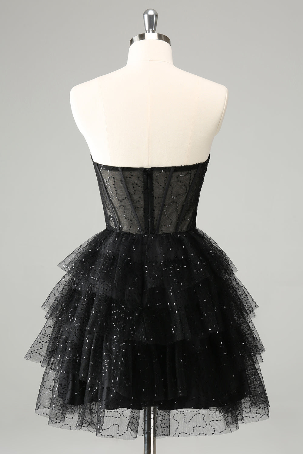 Sparkly Black Strapless Tiered Corset Short Homecoming Dress