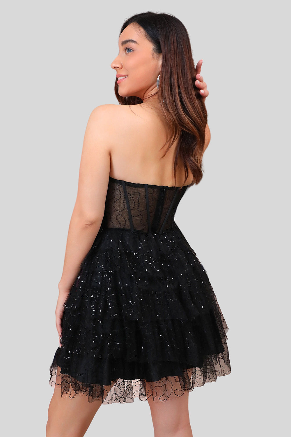 Sparkly Black Strapless Tiered Corset Short Homecoming Dress