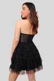 Sparkly Black Strapless Tiered Corset Short Homecoming Dress