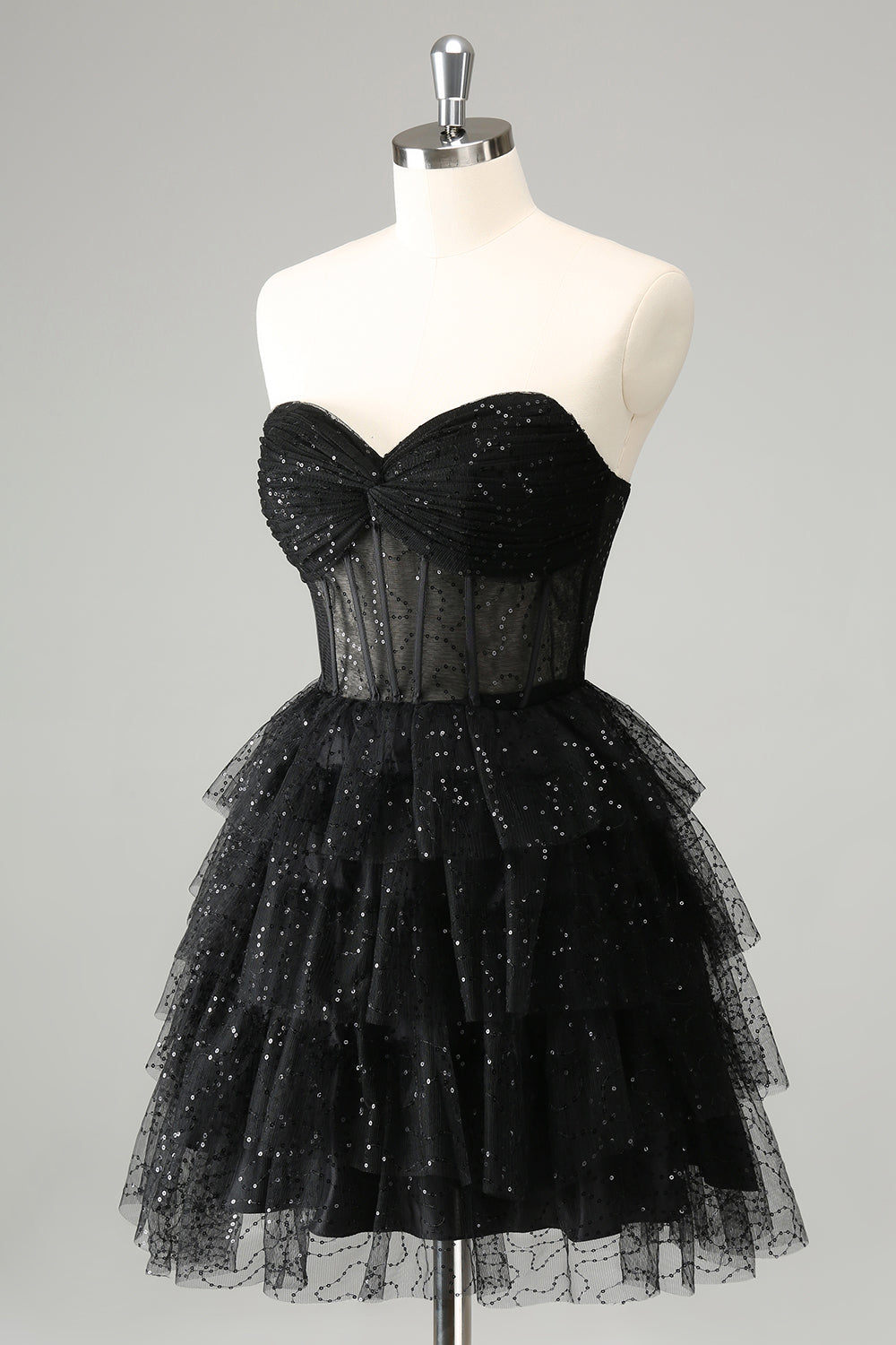 Sparkly Black Strapless Tiered Corset Short Homecoming Dress