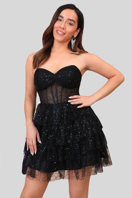 Sparkly Black Strapless Tiered Corset Short Homecoming Dress