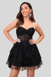 Sparkly Black Strapless Tiered Corset Short Homecoming Dress