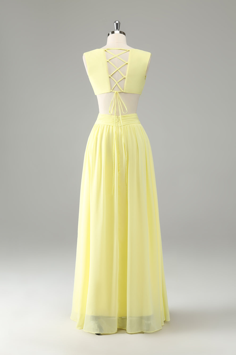 Lemon Yellow A Line Cut Out Long Bridesmaid Dress with Ruffles