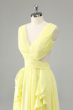 Lemon Yellow A Line Cut Out Long Bridesmaid Dress with Ruffles