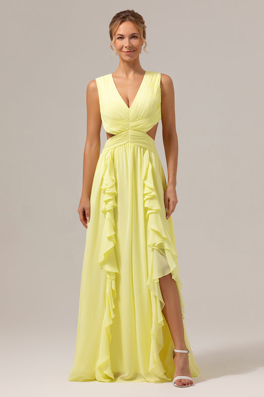 Lemon Yellow A Line Ruched Long Bridesmaid Dress with Ruffles