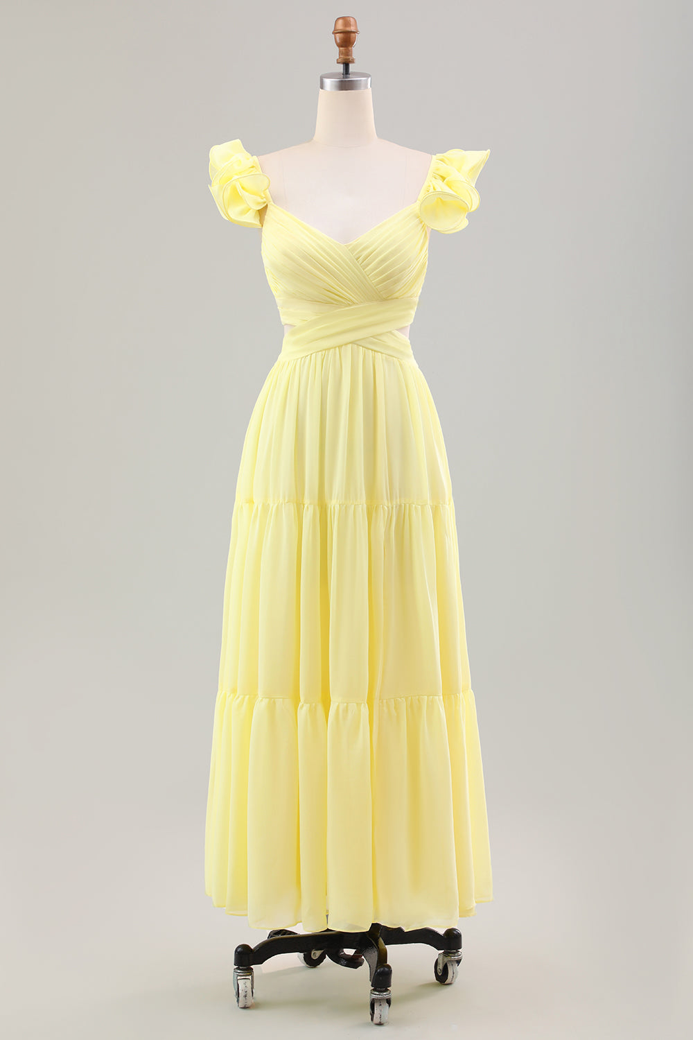 Simple Lemon Yellow A Line Pleated Ruffled Wedding Guest Dress