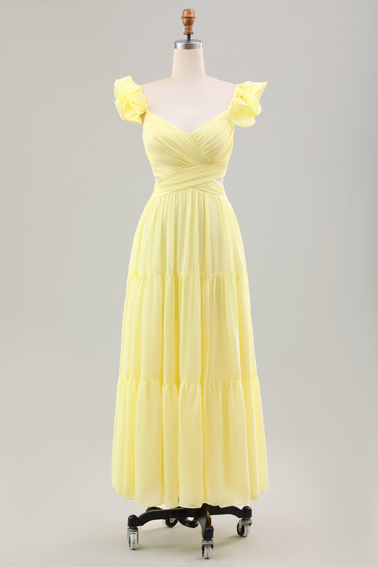 Simple Lemon Yellow A Line Pleated Ruffled Wedding Guest Dress