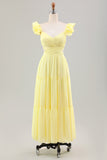 Simple Lemon Yellow A Line Pleated Ruffled Wedding Guest Dress