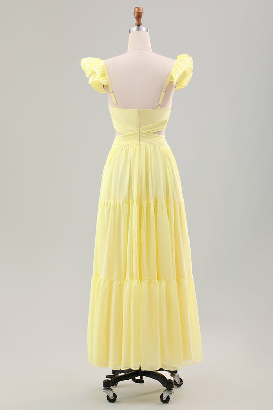 Simple Lemon Yellow A Line Pleated Ruffled Wedding Guest Dress