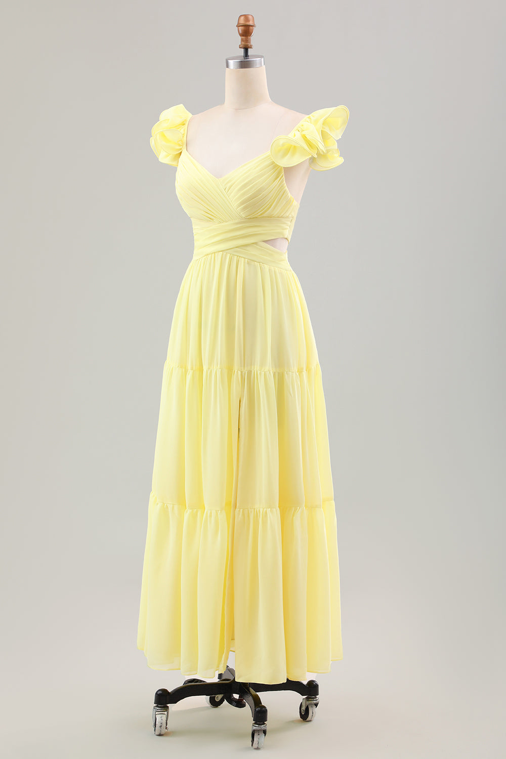 Simple Lemon Yellow A Line Pleated Ruffled Wedding Guest Dress