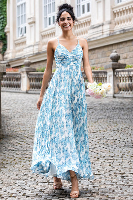 White Blue Flower A Line Spaghetti Straps Maxi Wedding Party Guest Dress