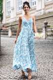 White Blue Flower A Line Spaghetti Straps Maxi Wedding Party Guest Dress