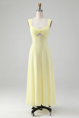 Lemon Yellow Keyhole A Line Long Bridesmaid Dress