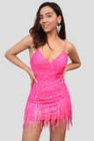 Sparkly Hot Pink Tight Short V-Neck Homecoming Dress with Fringes