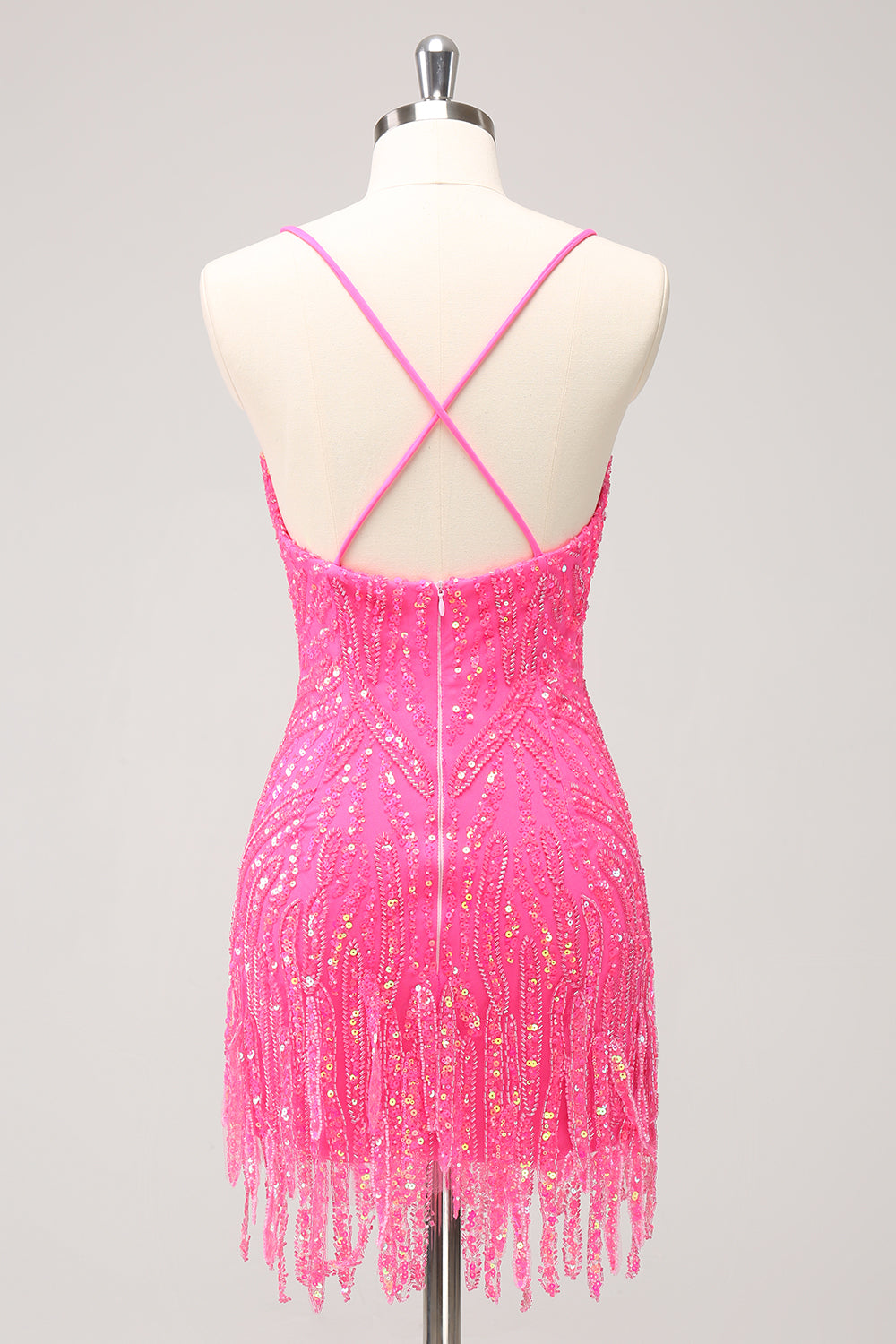 Sparkly Hot Pink Sequins V Neck Tight Homecoming Dress with Fringes