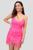 Sparkly Hot Pink Tight Short V-Neck Homecoming Dress with Fringes