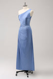 Blue One Shoulder Satin Keyhole Long Bridsmaid Dress