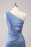 Blue One Shoulder Satin Keyhole Long Bridsmaid Dress