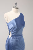 Blue One Shoulder Satin Keyhole Long Bridsmaid Dress