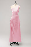 Pink One Shoulder Satin Keyhole Long Bridsmaid Dress